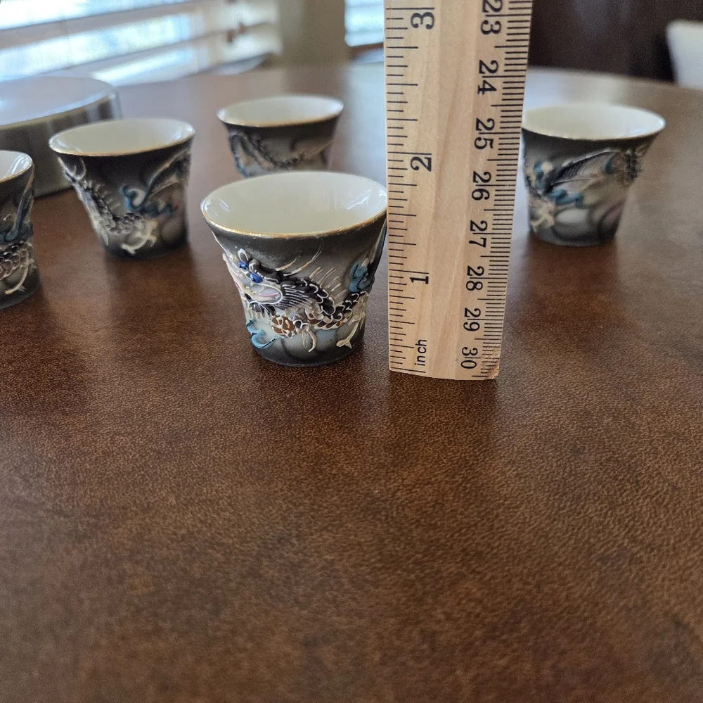 Japanese Moriage Dragonware Sake Cups With Lithopane Geisha Girl Image At Bottom